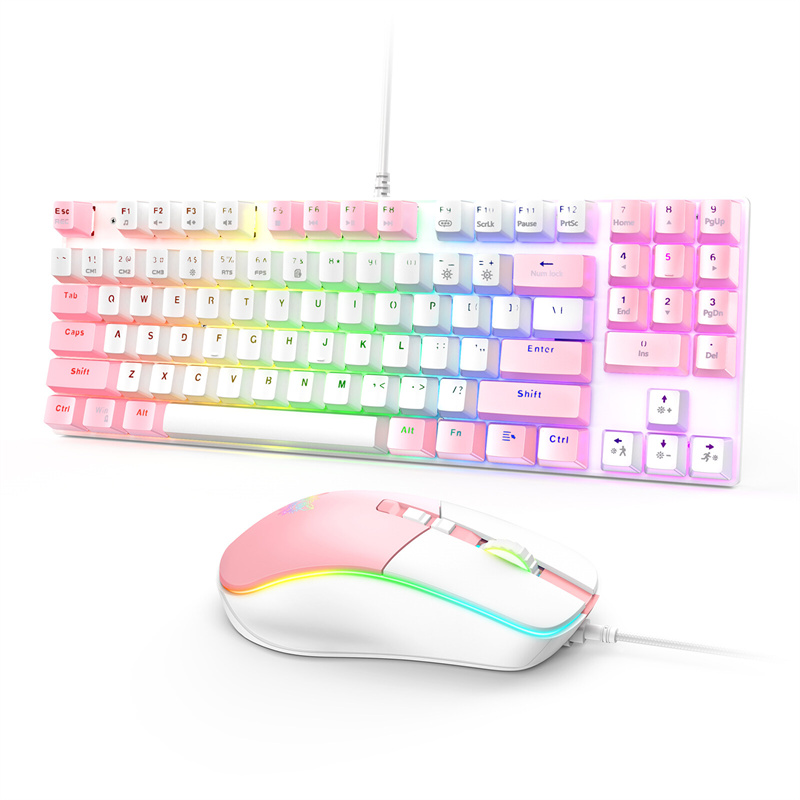ONIKUMA G26 wired real mechanical keyboard mouse set 89-key Blue Switch hybrid backlit USB interface game office dedicated: white pink suit
