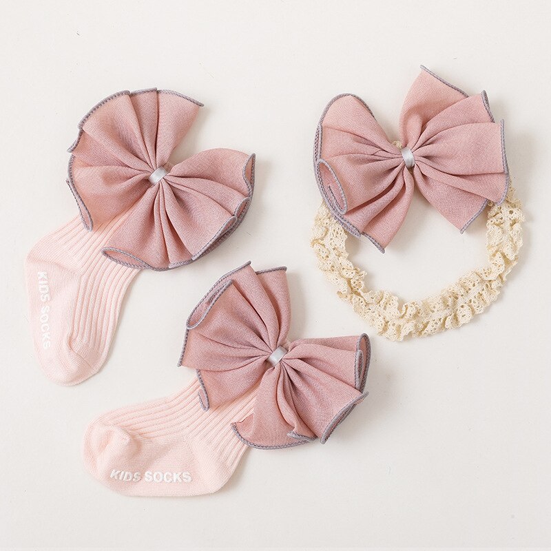 Zoete Prinses Baby Meisje Sokken Hoofdband Set Grote Boog Antislip Baby Peuter Kinderen Sokken Elastische Ruche Hoofdband Voor pasgeboren 0-15M