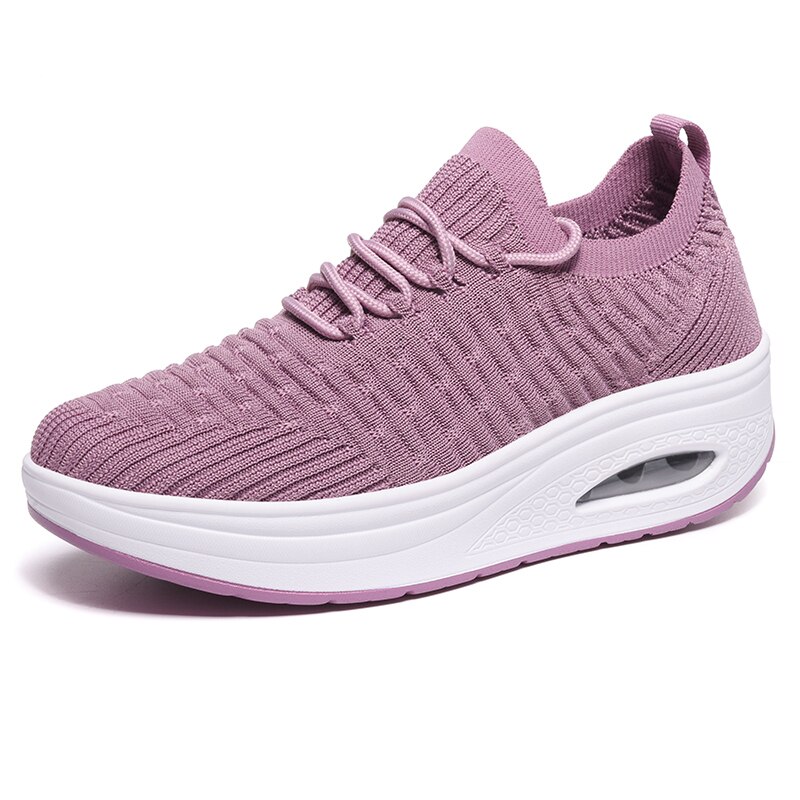 Obuwie damskie platforma trampki na koturnie 2020 oddychająca wysokość zwiększenie obuwie Casual Lace Up damskie buty Fitness kliny obuwie: purple women shoes / 5.5