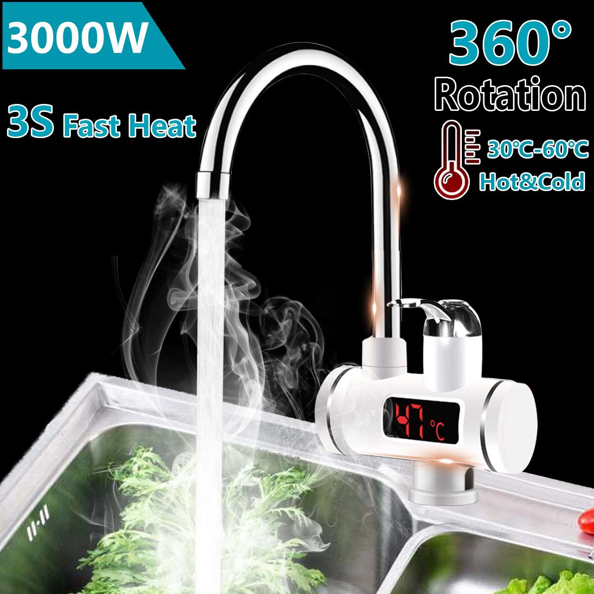 Tankless Instant Electric Water Heater Temperature Display Water Heating Kitchen 3000W Water Heater with LED EU Plug