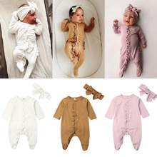 Vêtements de nuit pour bébés de 0 à 12 mois, chaussons à volants et manches longues, couleur unie, bandeau