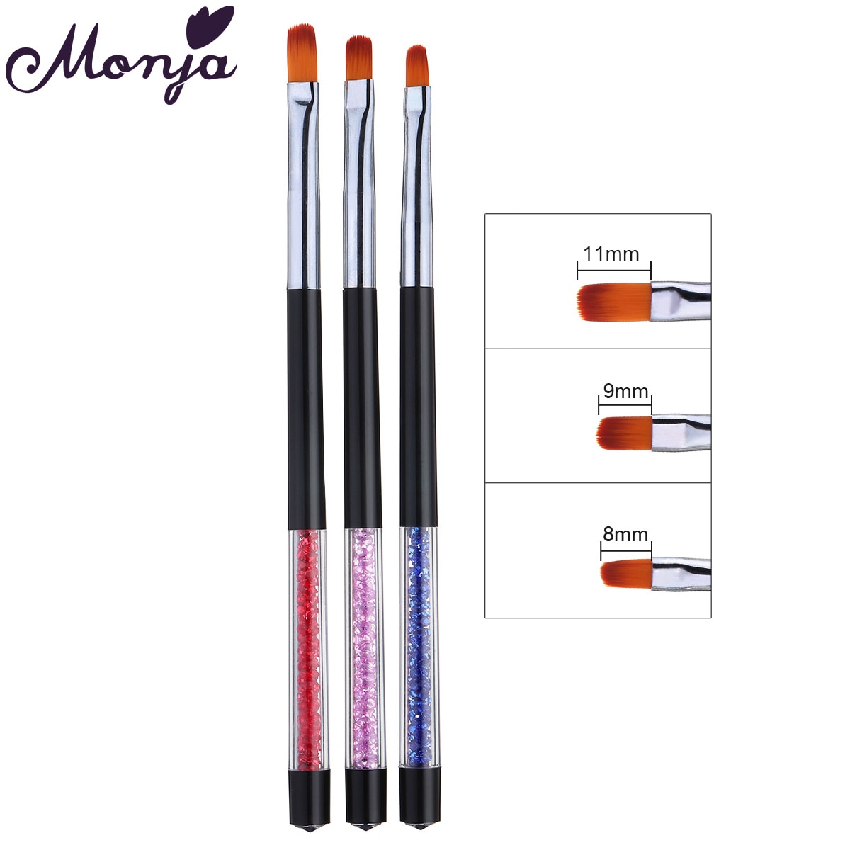 Monja 3 stks/set Nail Art Strass Handvat Acryl Polish UV Gel Extension Schilderij Borstel Nail DIY Tekening Pen Manicure Gereedschap