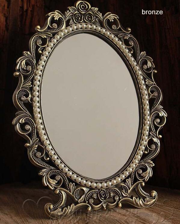 Espejo cosmético de escritorio retro para maquillaje, marco de metal con perlas en relieve floral, Decoración de mesa, bronce plateado, 337A: bronze