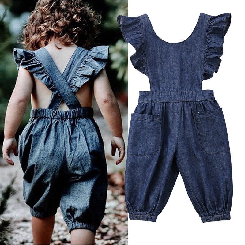 Solido Increspato manica Corta Denim Tuta Tute e Salopette con Tasca Per La Ragazza Del Bambino