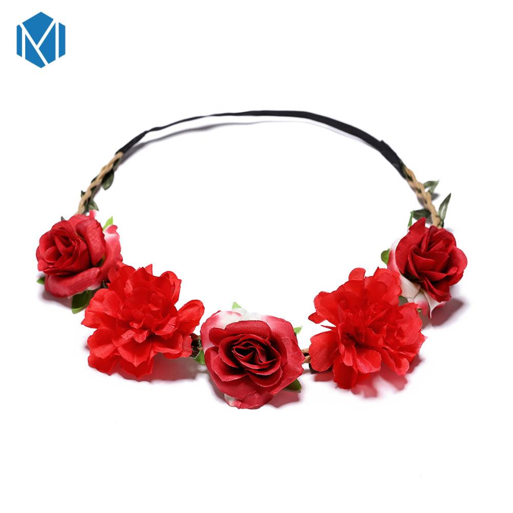 M MISM Beautiful Women Flower Garlands Head Wreaths Bohemia Flower Crown Cherry Blossoms Rose Garland Hair Wreaths Photography: red