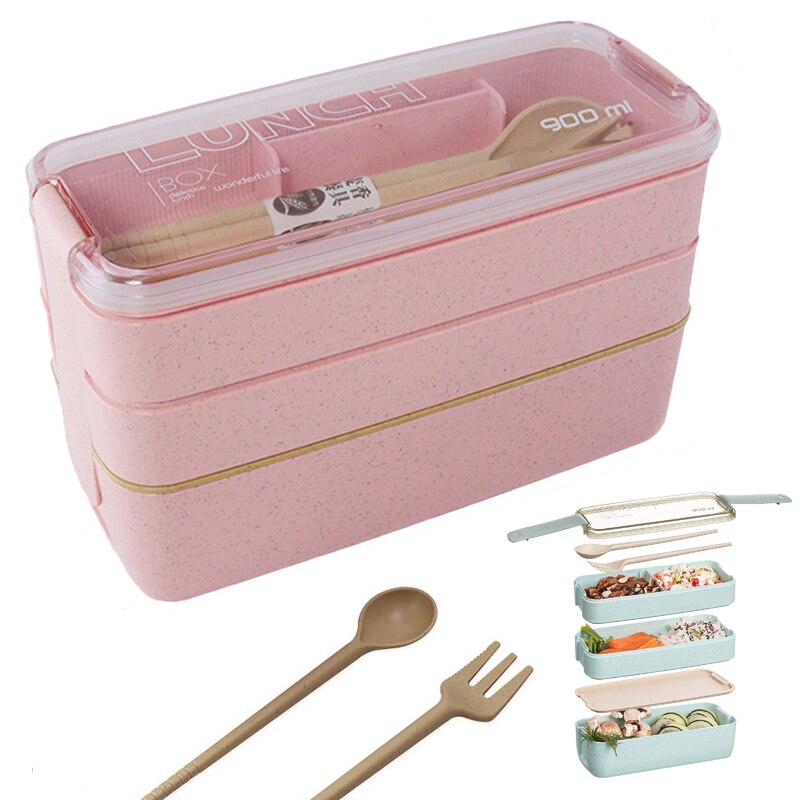 Health Material 3 Layers Lunch Box Microwavable Japanese Bento Food Container Eco-Friendly Wheat Straw 900ml Lunchbox