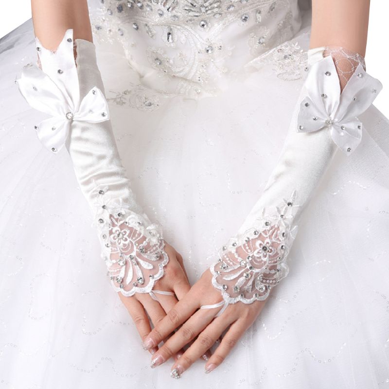 Kvinner brude lange hansker fingerløse floral blonder patchwork votter glitter rhinestone stor sløyfe albuelengde krok fingervarmer