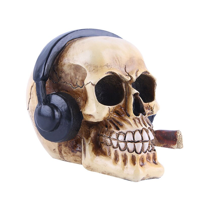 Vilead harpiks håndværk kranium hoved med hovedtelefoner kunst maleri film rekvisitter kranium ornament musik bar dekoration statuer skulpturer