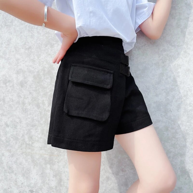 New summer teenage Girls pantaloncini con cintura neri a vita alta pantaloncini neri in cotone per bambini con cintura per 5 6 7 8 9 10 11 12 13 14 anni