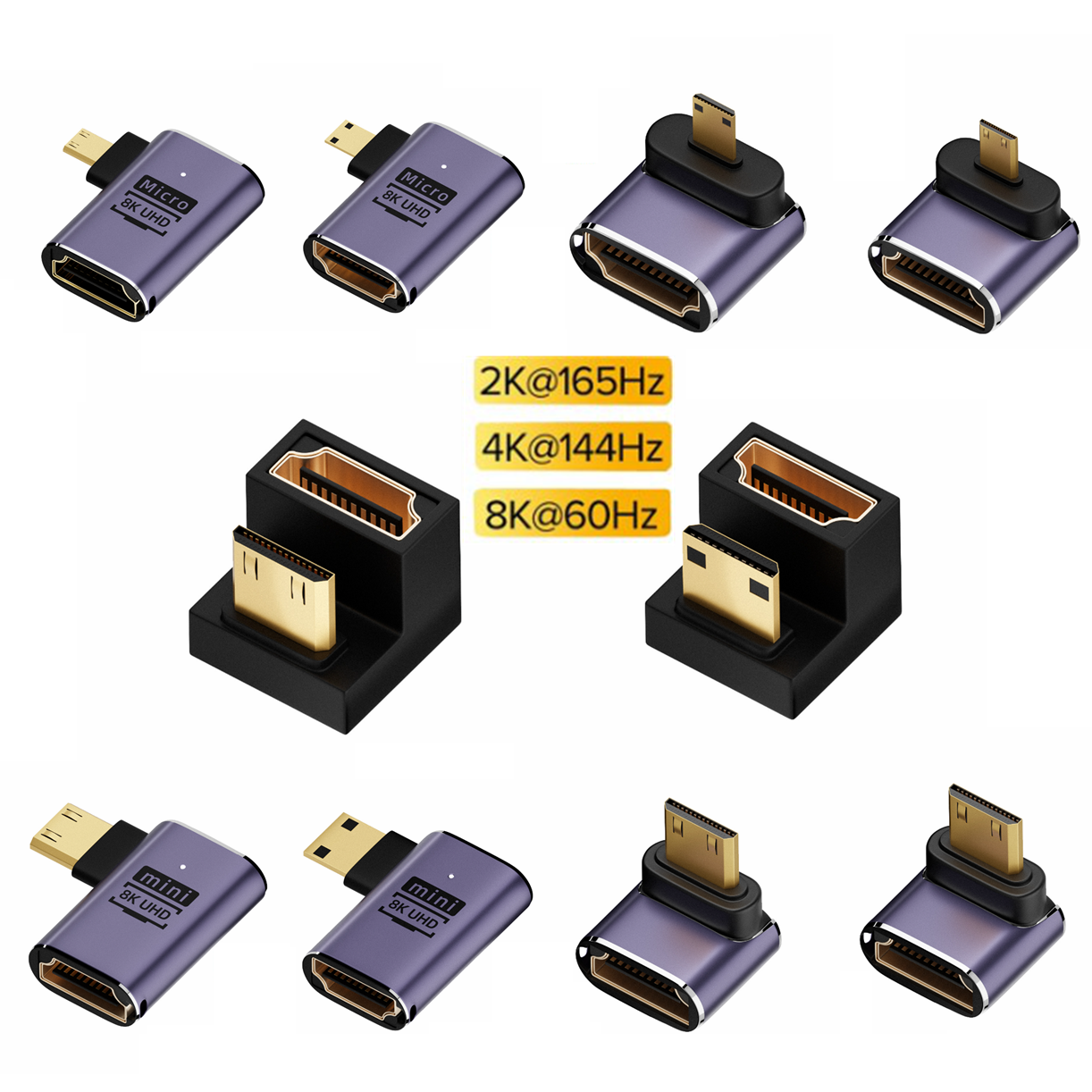 Adaptador UHD 8K 48Gbps HDMI 2,1 V en forma de U, ángulo recto de 90 270 grados, Mini Micro HD macho a conector hembra Compatible con HDMI