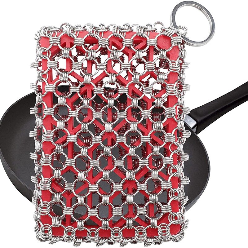 Limpiador de sartenes de hierro fundido 316, limpiador de sartenes con armadura de cadena de acero inoxidable, limpieza de silicona integrada, utensilios de cocina