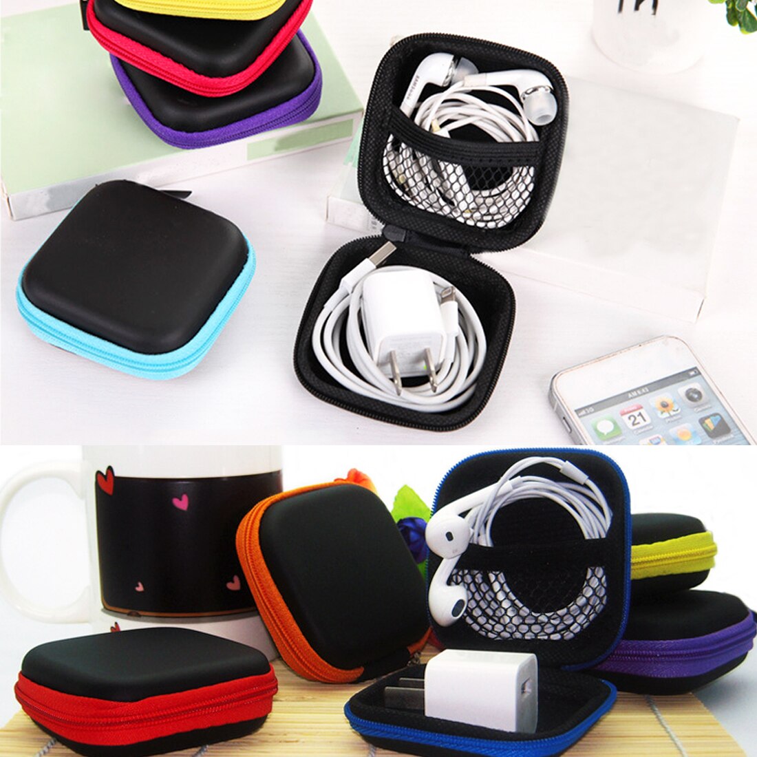 Mini Rits Hard Headphone Case Draagbare Oordopjes Pouch Box Pu Leer Oortelefoon Opbergtas Beschermende Usb Kabel Organizer
