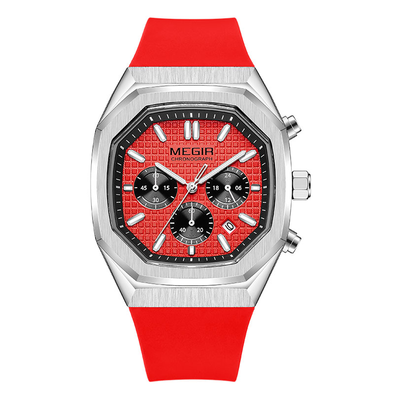 Megir heren waterdicht horloge met achthoekige wijzerplaat, chronograaf, quartz polshorloge met olijfgroene siliconen band, datumweergave en lichtgevende wijzers 2215: Zilver