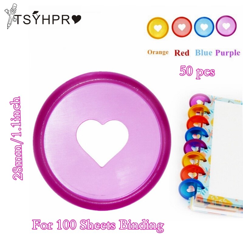 Carpeta de disco de corazón de Color caramelo, 50 piezas y 28mm, para cuadernos de discos/planificador, discos de disco, anillos de encuadernación de hojas sueltas, LF19-308