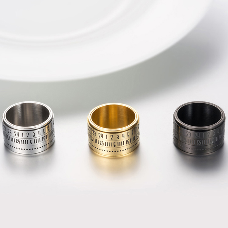 Anillo grande y ancho para hombre, anillo giratorio de acero inoxidable con número de , Color negro, dorado y plateado, anillo Punk