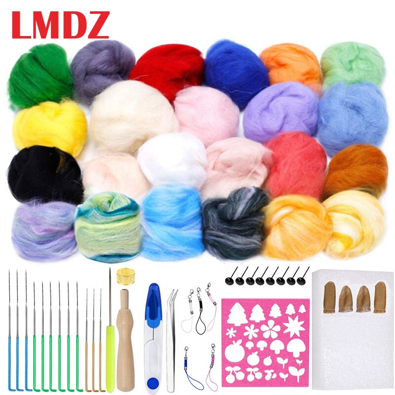LMDZ 24 Colors Wool Felting Needle Kit Foam Mat Arts Fibre Yarn Fabric Roving DIY Spinning Sewing Mold Needlework Accessories