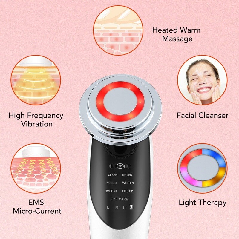 Rf &amp; Ems Lifting Beauty Led Gezicht Huid + 3 Kleuren Led Facial Neck Massager Photon Therapie Verwarming Rimpel Verwijderen