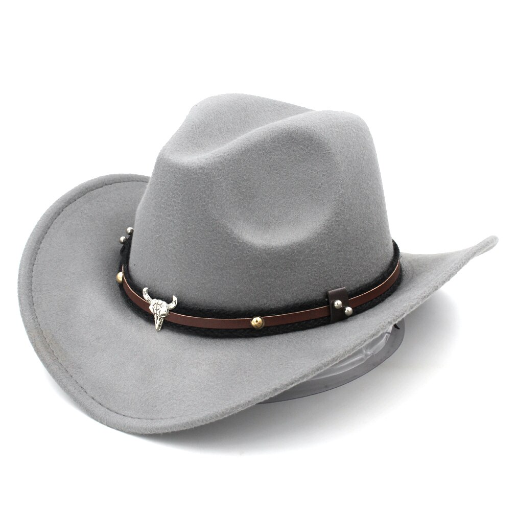 Mistdawn Wild Western Cowboy Hat Cowgirl Sombrero Cap Wool Blend Stiff Wide Brim with Tauren Leather Belt Size 56-58cm BBI: Gray