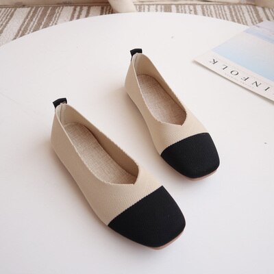 EOEODOIT Karree Patchwork Frauen Schuhe V Mund strecken betroffen Atmungsaktive Stoff Ballett Wohnungen Weibliche Beiläufige Gemütliche Turnschuhe Loafer: khaki / 9