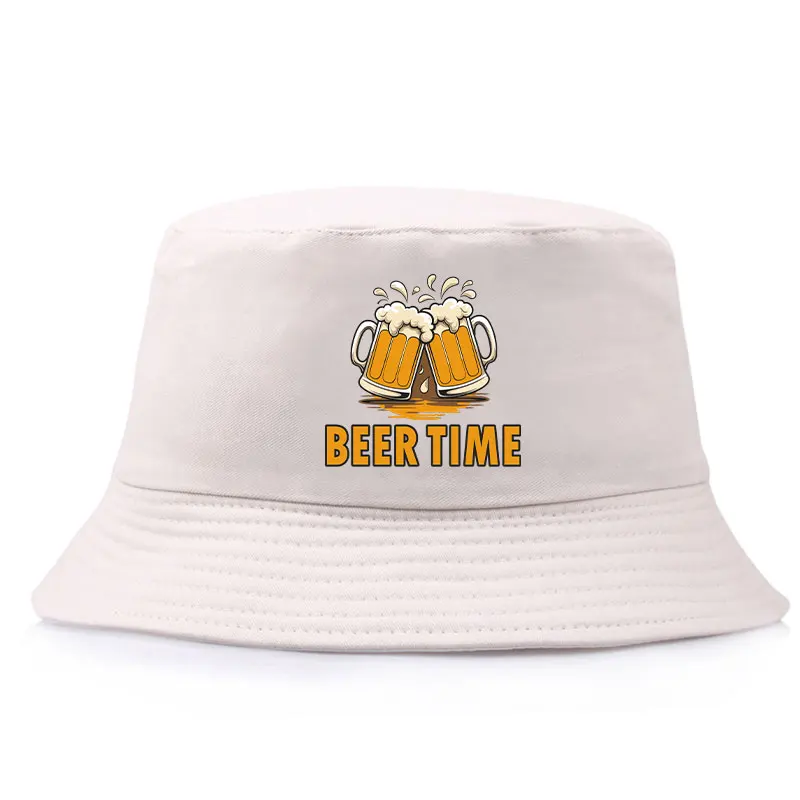 Beer Time Reversible Bucket Hat with Cheers Beer Mug Print Summer Fisherman Cap Men Women Outdoor Festival Beach Drinking Fun: WHITE