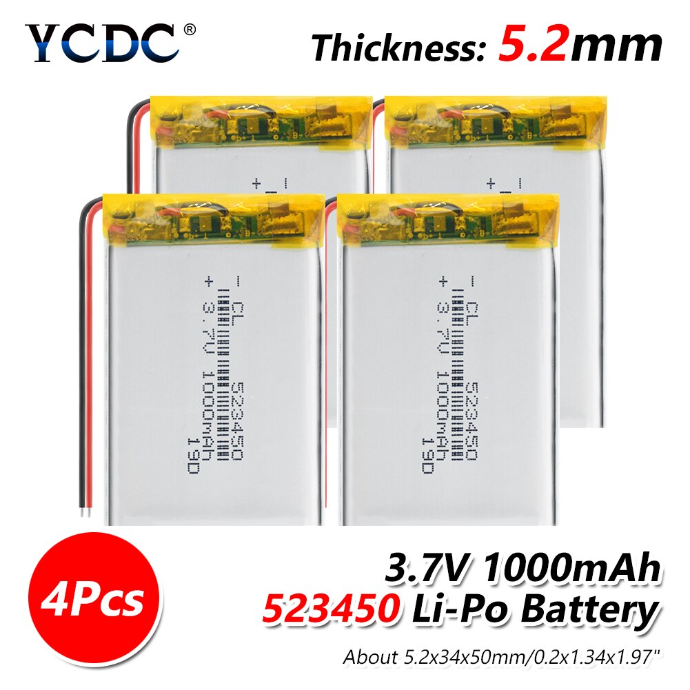 Batería Lipo para MP3 y MP4, recargable vía Baterías de polímero de litio, de 2/4 mAh, 523450 V, 1000mAh, duradera, de 3,7 mAh, 1/1000 Uds.: 4 pieces