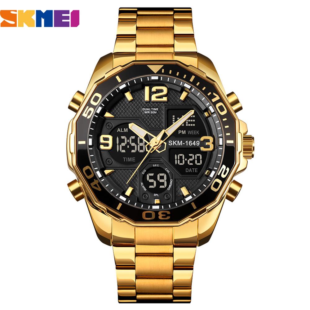 Digital stopur skmei top brand led display armbåndsure rustfrit stål afslappet kronograf vækkeur relogio 1649: Guld