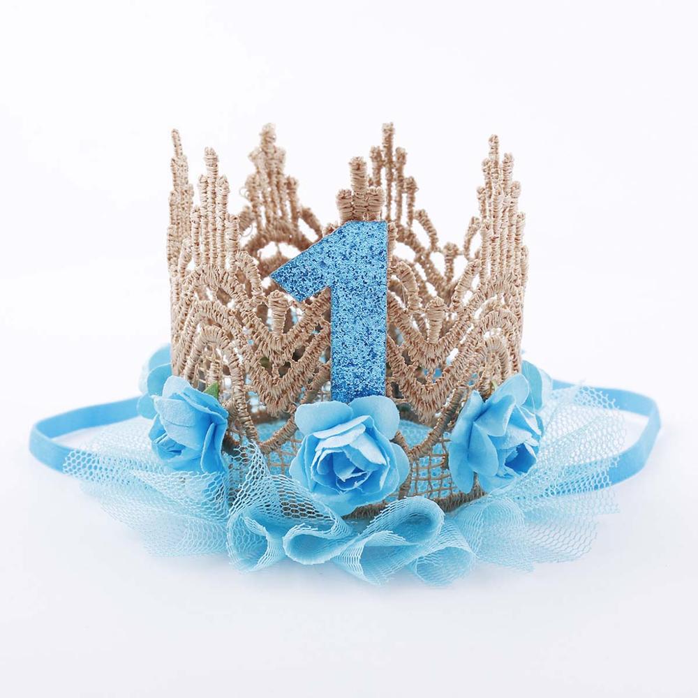 Pink Princess Headband Baby Girls 1st Birthday Party Hat Flower Crown Party Hairband Hair Accessories For Kids Photography Props: Blue
