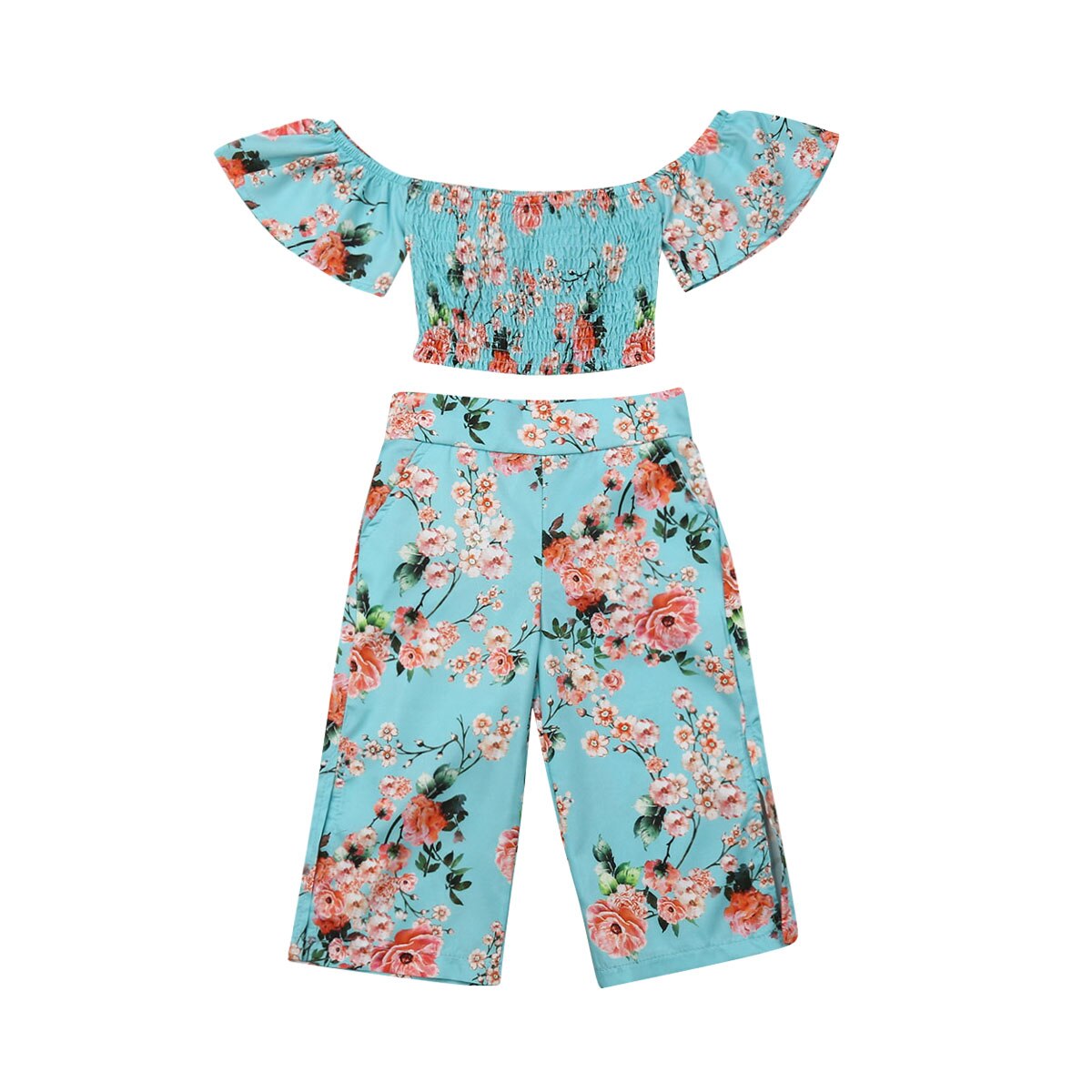 Småbarn barn bebis flicka blommiga sommarkläder set 2 st off shoulder crop tops långa delade byxor bedårande outfit set 2-6 år: 4 år