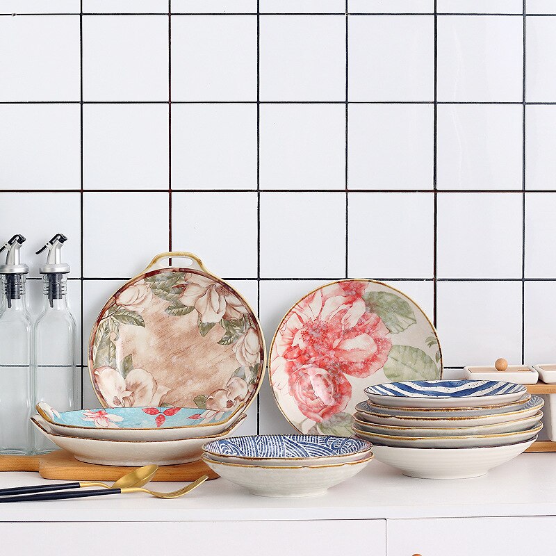 Dishes 2pcs/set 8-inch flower and fish pattern underglaze ceramic deep dish