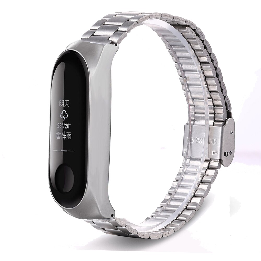 Correa de metal para Xiaomi Mi band 3/4/5, correa de acero inoxidable con tres cuentas, hebilla para pulsera,: Silver / Mi 3 4 strap
