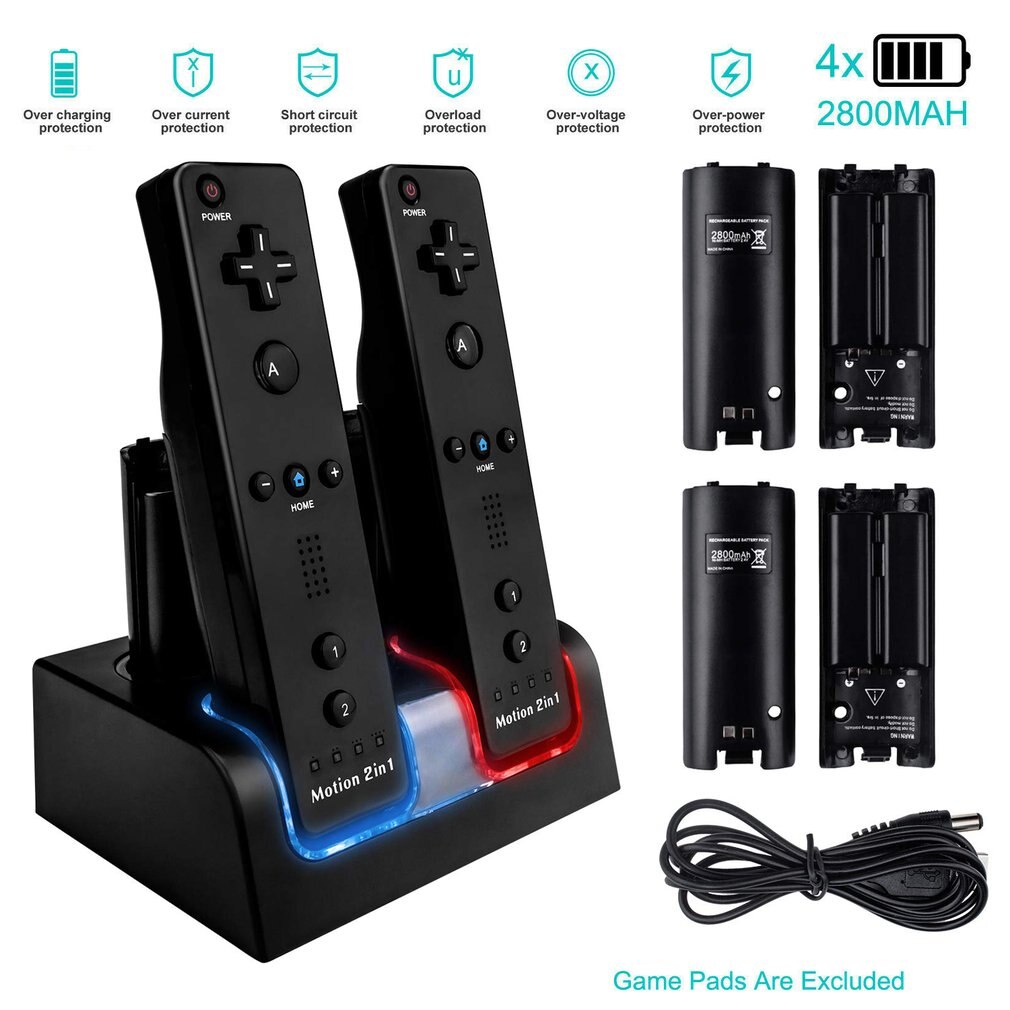 Afstandsbediening Dual Charging Dock Station + 4X2800Mah Batterij Voor Nintendo Wii Gamepad Charger Met led Licht