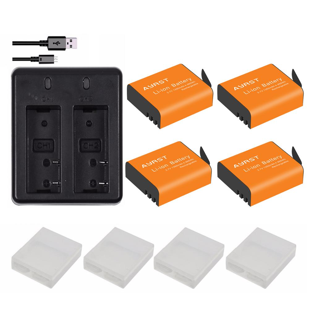 4 pièces 1350mAh PG1050 SJ4000 PG900 batterie + chargeur Double USB Pour SJCAM SJ5000 SJ6000 SJ8000 M10 EKEN 4K H8 H9 GIT-LB101 batteries: 4batteryand1charger