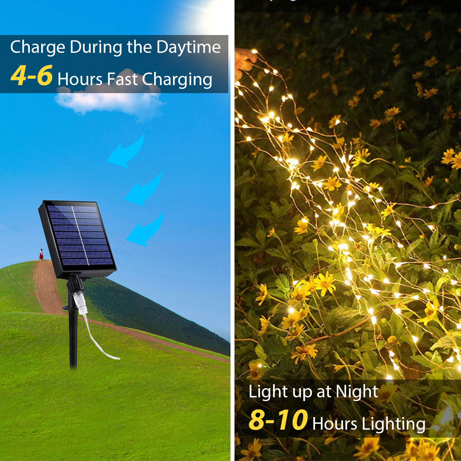Solcellsdriven ljusslinga för utomhusbruk med 8 lägen, flersträngad lampa med 600 led-lampor, soldriven vattenfallslampa, varmvit eldflugelampa