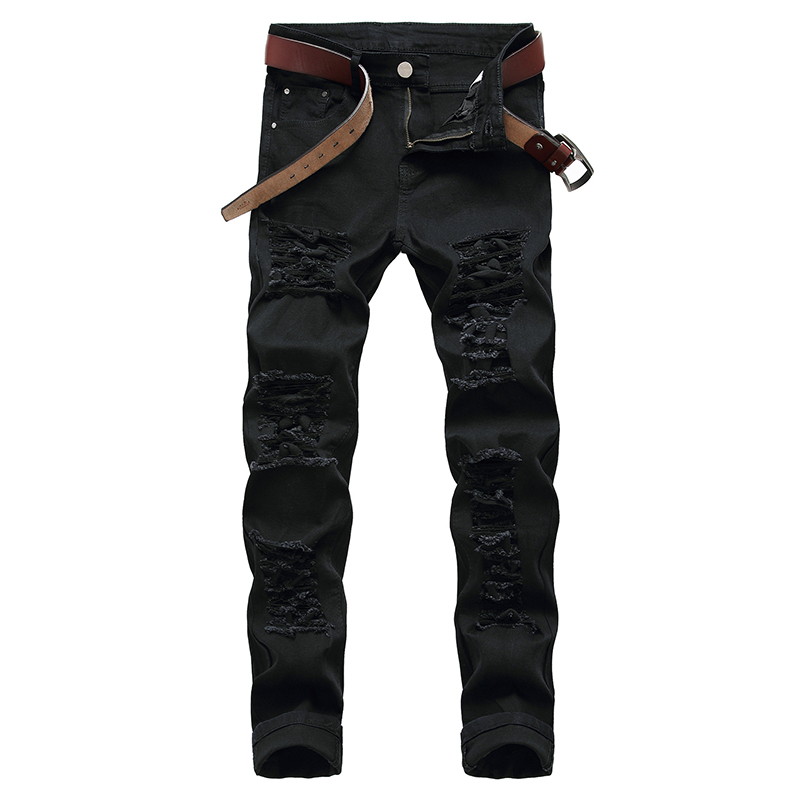 Pantalones vaqueros rasgados para hombre, Jeans rectos ajustados con agujeros, desgastados, largos, negros y azules, novedad: 30