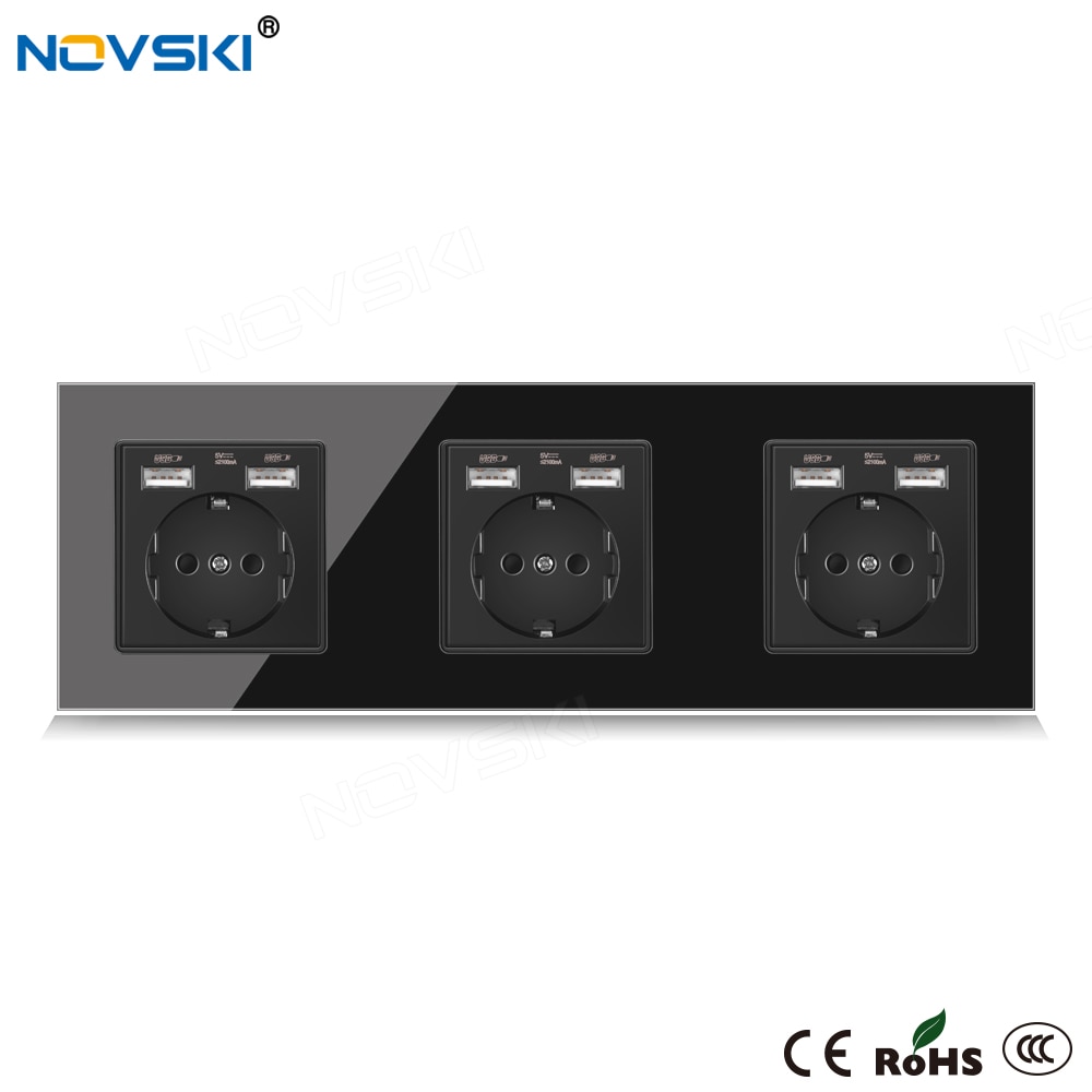 NOVSKI 16A EU Standard Wall Socket Triple Frame Crystal Glass Black Panel 86*258 mm, Hidden LED for USB Charger