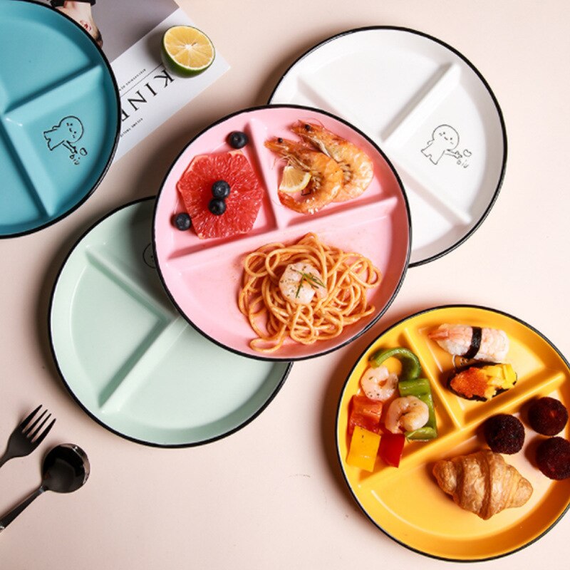 Disques en céramique pour enfants, repas divisé, assiette pour étudiant, assiette de séparation, réduisant la graisse, assiette à trois compartiments, ménage