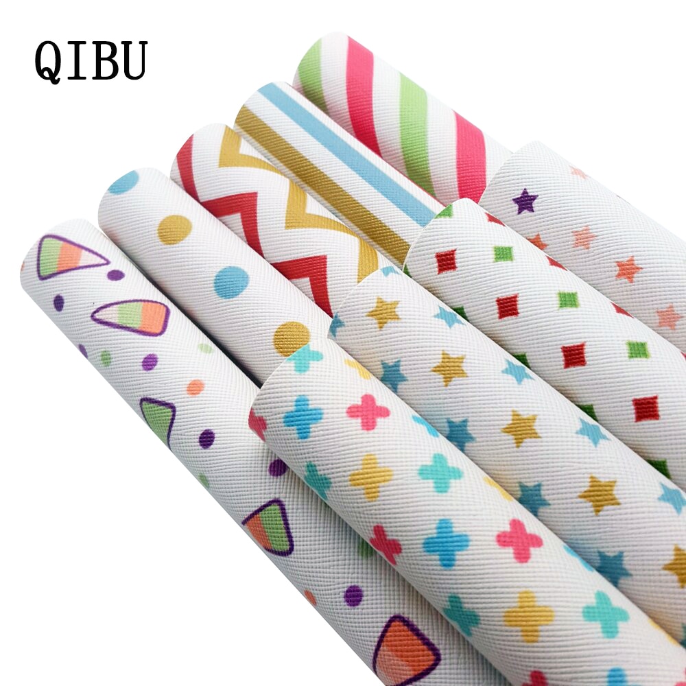 Qibu Faux Leer Stof Dot Geometry Gedrukt Vinyl Boog Stof Diy Haarelastiekjes Handtassen Materialen Pu Synthetisch Leer Lakens 1 stuks