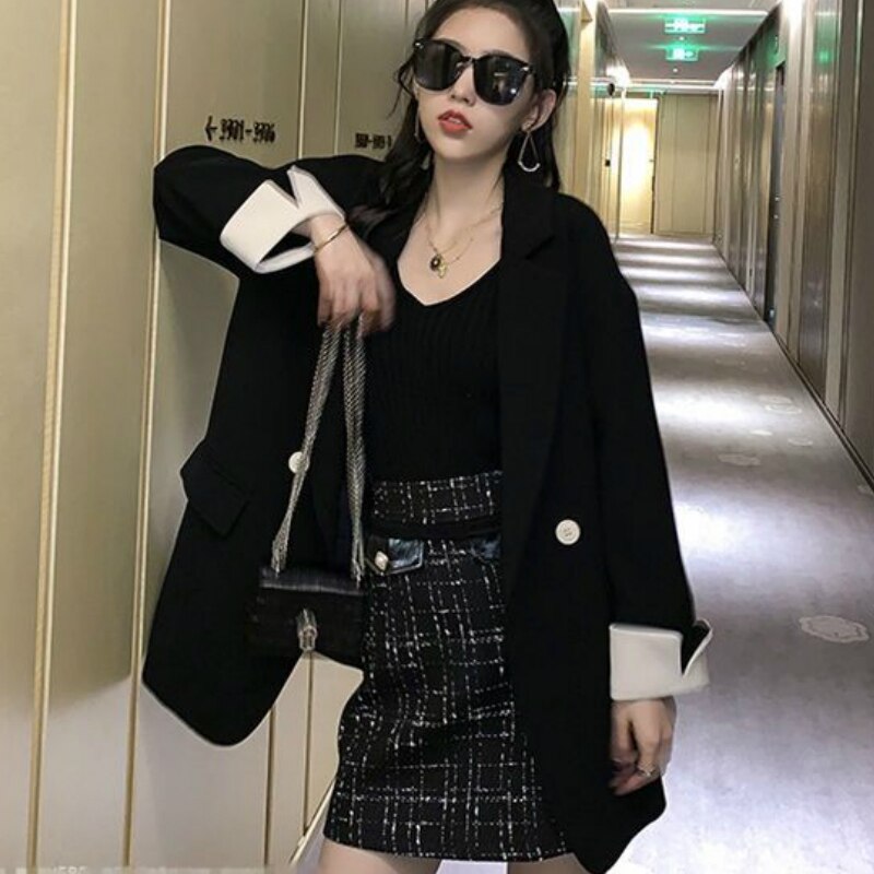 Blazer , col échancré pour femmes, Patchwork, style coréen, ample, pour femmes, bureau, , tendance, nouveauté décontracté