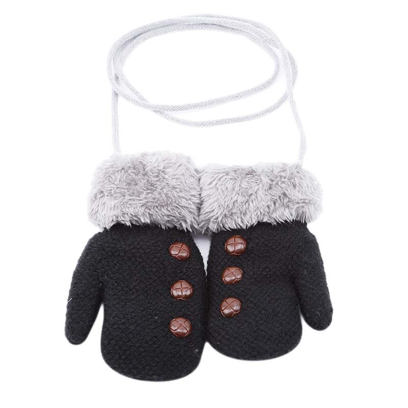Xmas Winter Baby Boys Girls Gloves Full Finger Kids Mittens Warm Acrylic Rope Gloves Children Knitting Solid Button Mittens: black