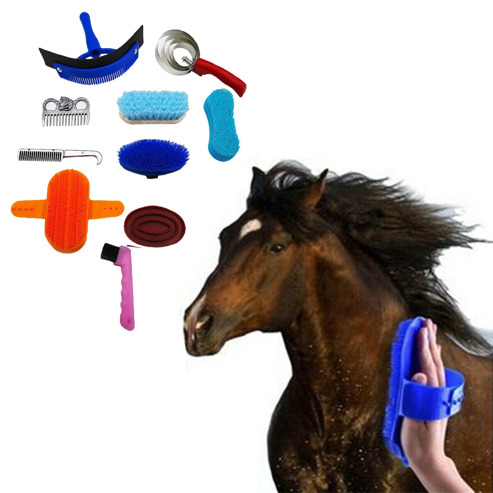 10pcs Horse Grooming Kits, Pony Brushes Set Horse Cleaning Tool Cleaner, Sweat Scraper, Massaging Brushes