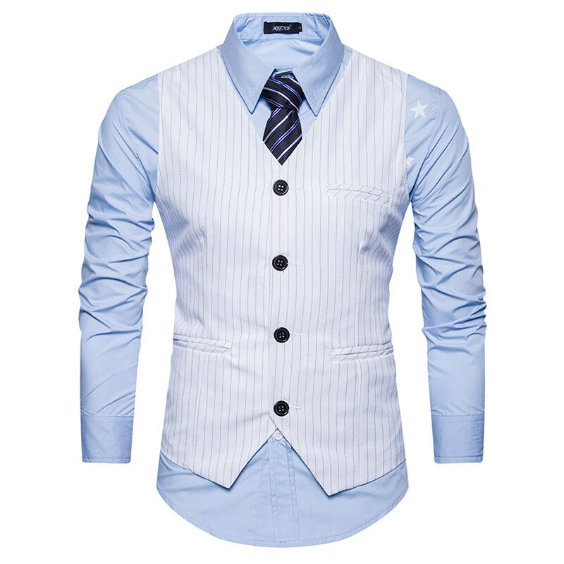 Stripet vest for herre gilet homme klassisk v-hals enkeltspent herre dressvest fritidsfirma bryllup herrevester vester: Hvit / S