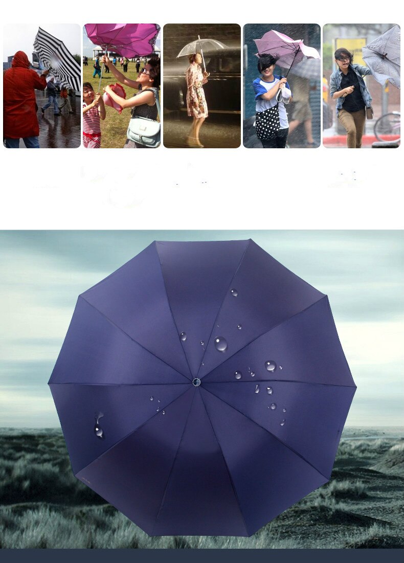 Stærk 127cm diameter 10 benforstærkning paraply vindtæt tre foldbar anti uv golf paraply to eller tre personer kompakt