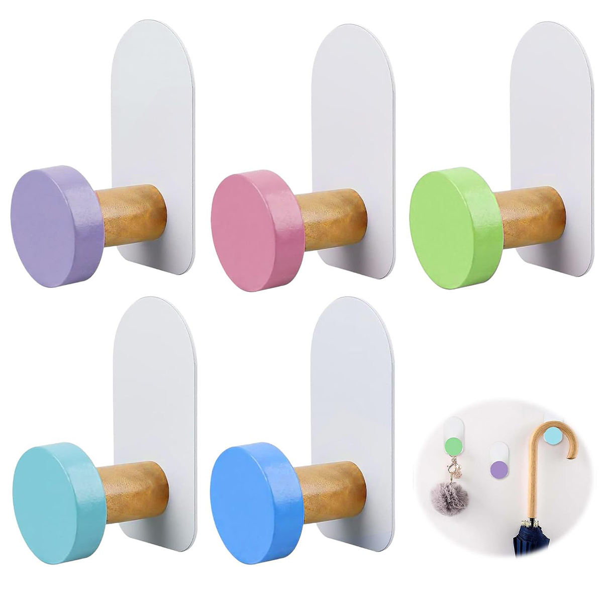 1 stks kleurrijke muurhaken zelfklevende haken geen boren houten kapstokken voor kinderen keuken badkamer woonkamer