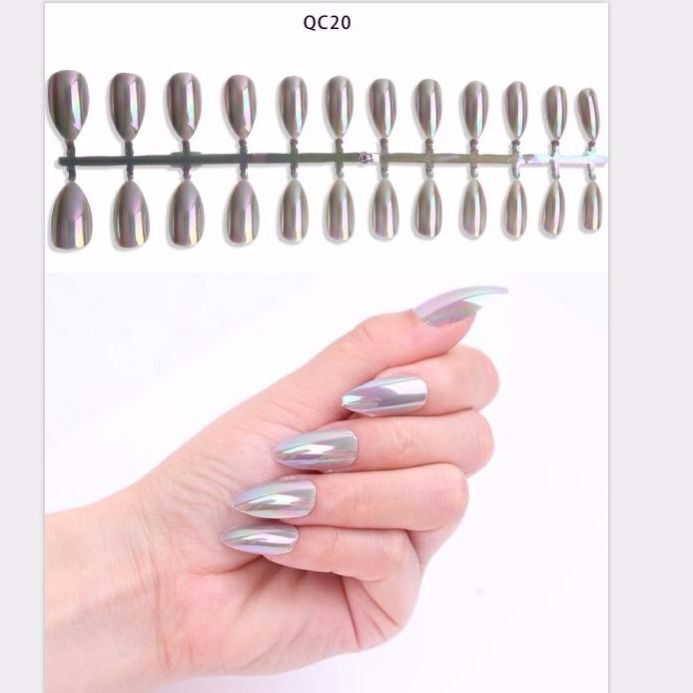 24 stk reflekterende spejl sølv pink metalbelægning falske negle akryl neglespidser metalliske spidse fingernegle: Qc20