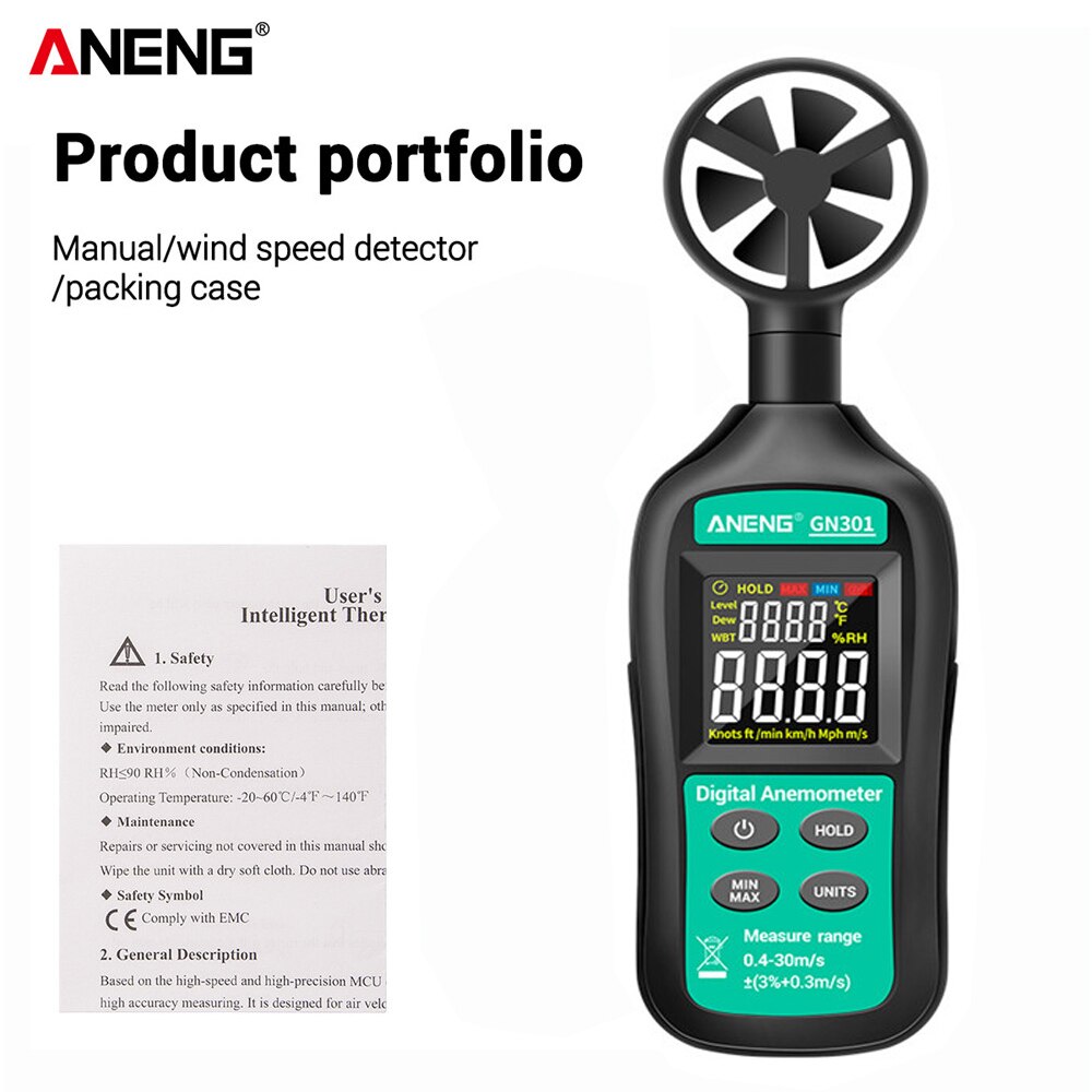 Aneng GN301 Digitale Anemometer 0-30 M/s Wind Meter -10 ~ 45C Temperatuur Tester Anemometro Met Lcd backlight Display: GN301 Min