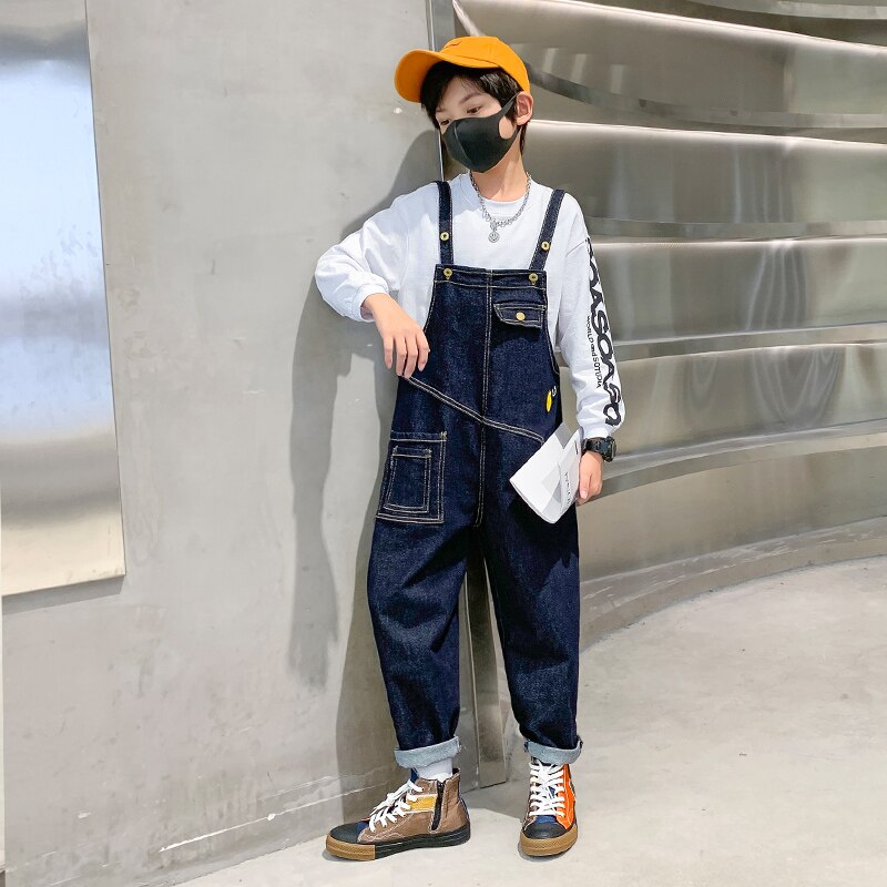 Herfst Bib Broek Overalls Jumpsuits Jongens Cartoon Splicing Mode Denim Jarretel Losse Pocket Cowboy Unisex Denim Jeans