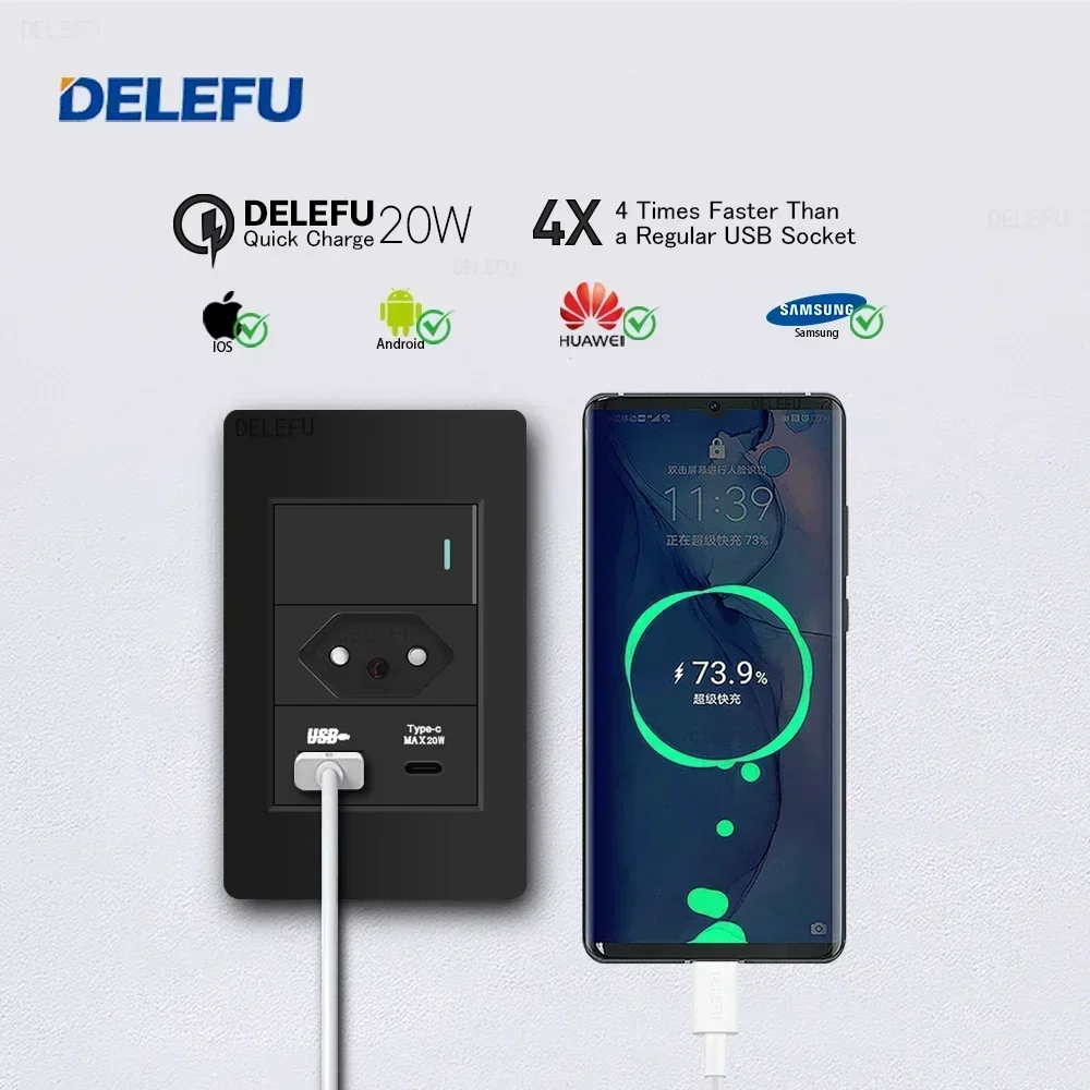 DELEFU Panel de PC ignífugo doble USB tipo C carga Brasil salida estándar interruptor de luz de pared negro enchufe eléctrico 10A 20A