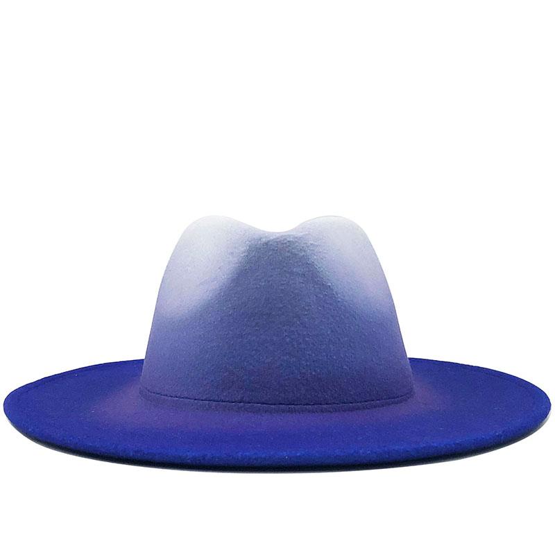 Women Men Wool Vintage Trilby Felt Fedora Hat With Wide Brim Gentleman Gradient Royal Blue For Lady Winter Jazz Caps