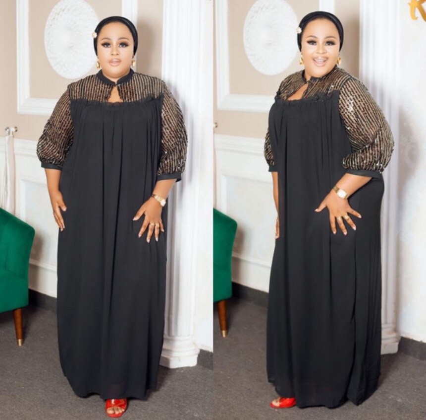 Length 153cm super loose long dress style African women's Dashiki stretch Chiffon material With inner free size: black