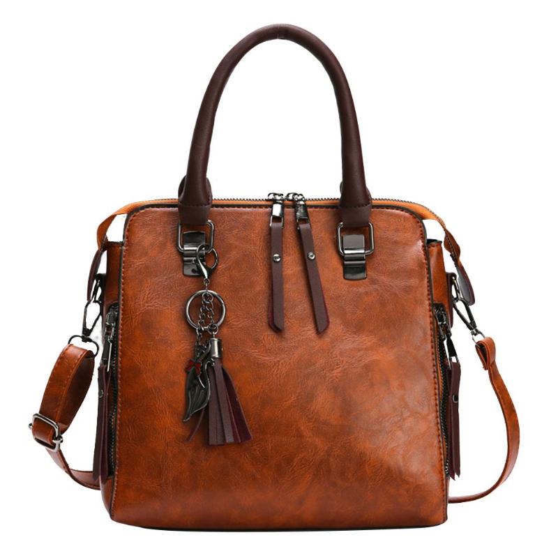 Vintage PU Leer Vrouwen Messenger Bont Bal Crossbody Tas Vrouwen Lederen Portemonnee Kwastje Hanger Schouder Handtas: Brown